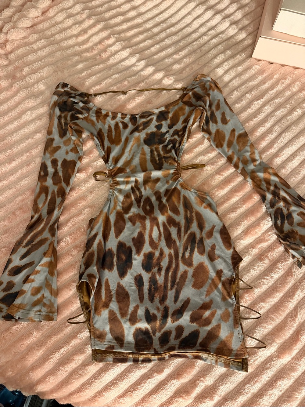 Fashion Nova Blue and Brown Leopard Cutout Long Sleeve Mini Dress